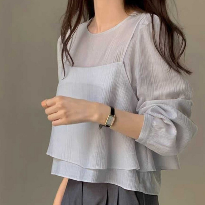 글로리원 여성 로맨틱 시스루 뷔스티에 데일리 긴팔 블라우스
