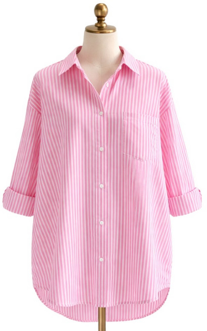 여성용_봄 가을 오버핏_세로_스트라이프_긴팔 셔츠_루즈핏_롱_남방