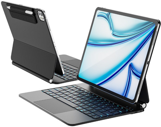 한국형 아이패드 에어 13인치 (M4/M3/M2) & 프로 12.9인치 (3-6세대) 한글각인 키보드 케이스 11색 백라이트 트랙패드 펜슬 홀더, 블랙, 1개