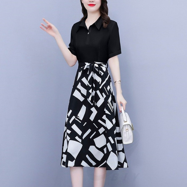 비아이와이 여성 허리 조임 레이어드 반팔 카라 원피스 DH1010