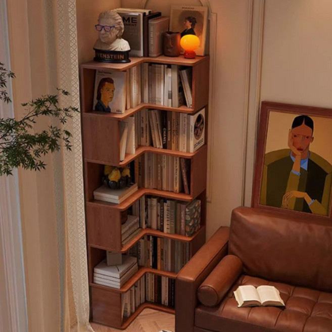 혜신 코너 책장 퍼즐 책장 선반 단순성 다층 수납장, 5단, 갈색