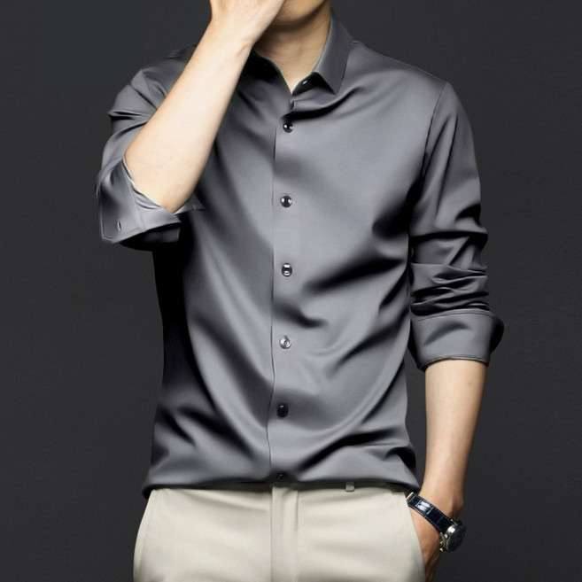 IEDUOS남성 고급 슬림 구김 방지 스판 정장 긴팔 셔츠 남자 빅 사이즈 실켓 링클프리 와이셔츠