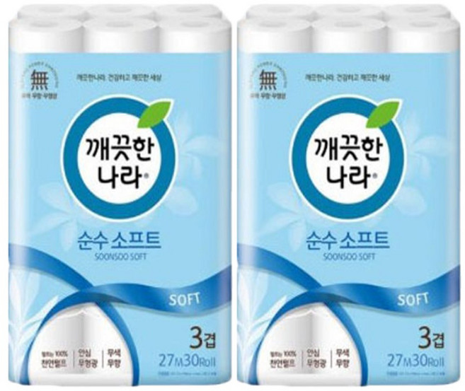 깨끗한나라 순수 소프트 천연펄프 3겹 화장지, 27m, 30롤, 2개