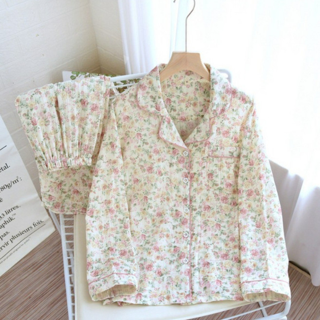 플라워 요루 거즈 잠옷 긴팔 홈웨어 잠옷 세트 사계절