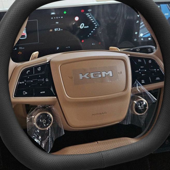 KGM 무쏘 EV 쌍D컷 타공 핸들커버 가죽 논슬립 핸들 용품, 블랙, 베이직