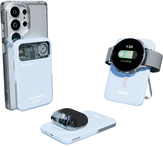 아이시(isee)맥세이프 준고체 보조배터리 10000mAh CCC 인증 3in1 냉각 15W 무선충전 22.5W 고속충전 애플워치 갤럭시워치 브리즈X, 스카이 블루, 갤럭시 워치