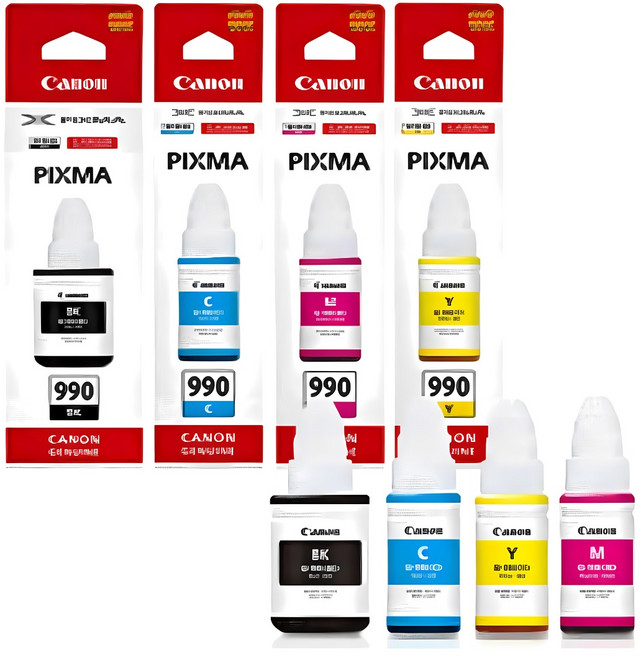 캐논 GI-990 정품 잉크 4색 세트 G3900 G3910 G2910 G2900 G4900, 1세트