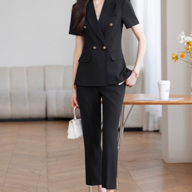 COSYEVNO 여름 여성 정장 세트 반팔 코트+바지 오피스룩 슬림핏 면접 트렌드 시크 직장인 투피스