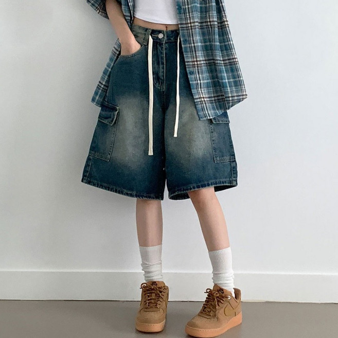 부기샵 세잇 브러쉬 워싱 스트링 카고 버뮤다 데님팬츠