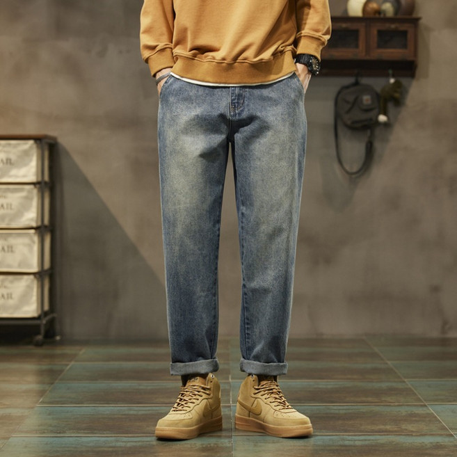 누누핏 남성용 레귤러핏 테이퍼드 세미와이드 워시드 청바지