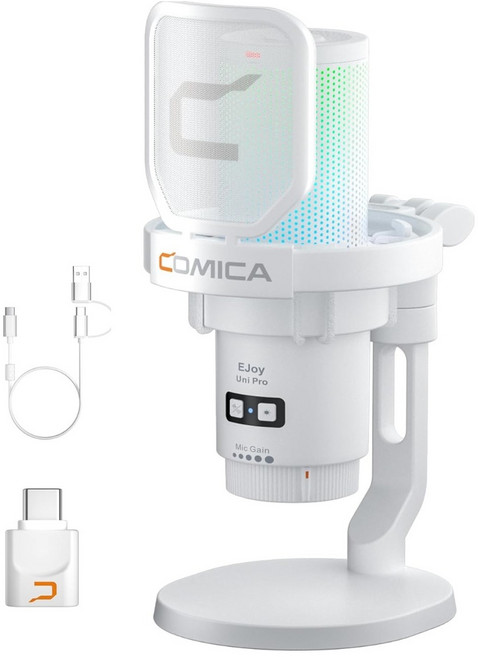 COMICA Ejoy Uni Pro USB 무선 콘덴서 게이밍 마이크 RGB 조명 게임 팟캐스팅 스트리밍 녹음용 원터치 노이즈캔슬링, white, Ejoy Uni Pro(D)