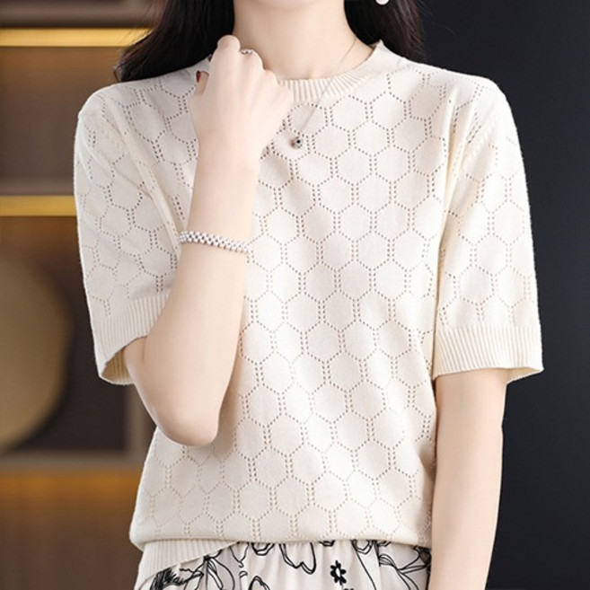 데일로엔 여성 여름 니트 라운드넥 패턴 반팔티