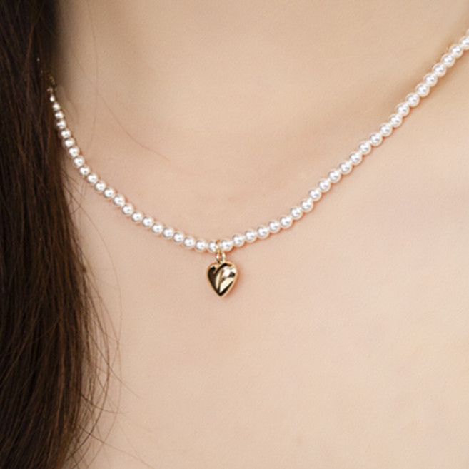 [니지쥬얼리] 전체 14K 골드 블링 하트 스와 진주 목걸이