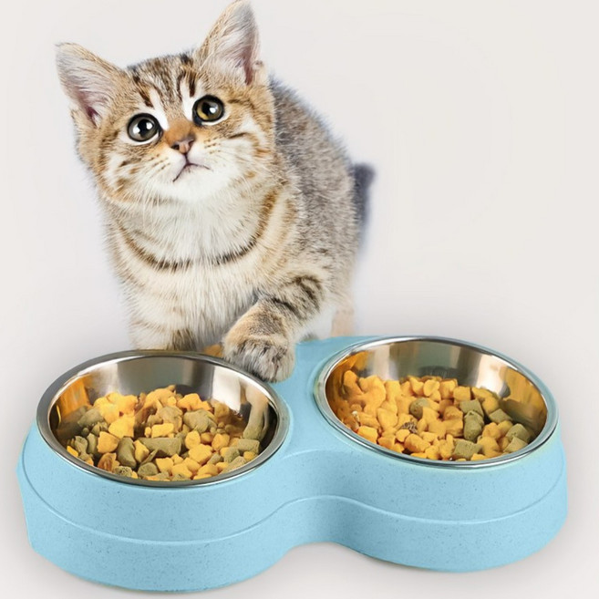 강아지 밥그릇 물그릇 2구 식기 반려동물 고양이 밥그릇 용품 애견 그릇 세트, 1개, 블루