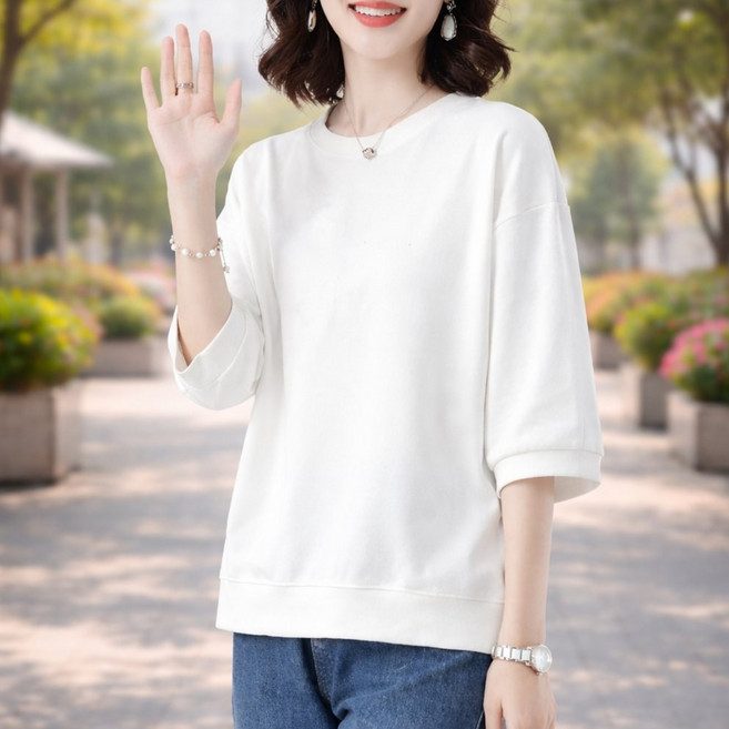 루미빈 여성 순면 라운드넥 7부 소매 봄여름 루즈핏 데일리 티셔츠