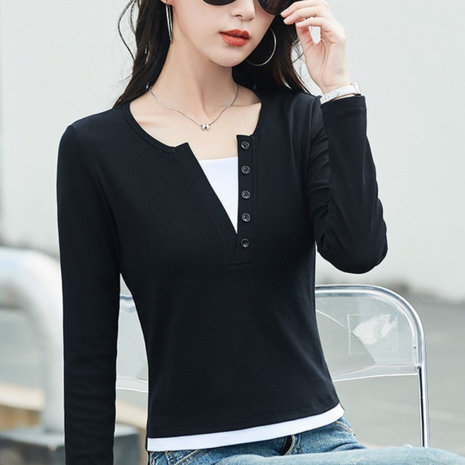 라부라카 간절기 여성 페이크 투피스 긴팔 티셔츠 100%면티 브이넥 티셔츠 여성 봄가을 상의 골프웨어