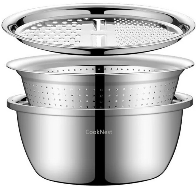 CookNest 스텐 강판 만능 채칼 3종 세트 채반 믹싱볼 똑순이 만능강판, 1개, 믹싱볼+채반+채칼