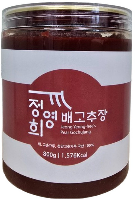 청정 DMZ에서 고추 재배하여 만든 '정영희 배고추장' 입니다. 배의 단 맛과 매운맛이 잘 어우러진 고추장 입니다. 400g / 800g / 1.5kg, 1개
