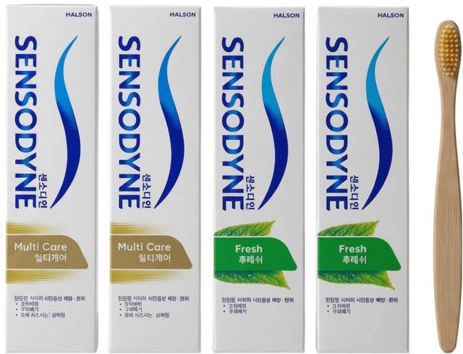 (약국정품) 센소다인 멀티케어 120G x 2개 + 후레쉬 120G x 2개 대나무 칫솔 패키지 시린이 개선 잇몸건강 치약 대용량, 4개