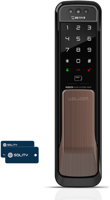 솔리티 웰콤 얼굴안면인식 WP-500A 무타공 푸시풀 카드키2개+번호키 블루투스(옵션) 빠르고 편리한 3D 얼굴인증 현관문 디지털도어락 푸쉬풀 도어록 즉시잠김 허수기능, 웰콤 WP-500A, 고객직접설치
