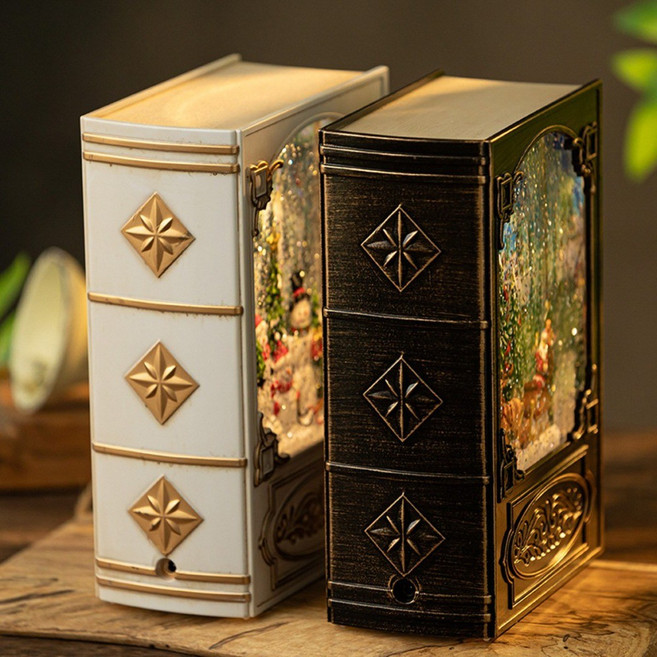 [5시건 당일출고] 1+1 크리스마스 빈티지 책 LED 눈 내리는 워터볼 오르골 무드등, 화이트(눈사람)+화이트(눈사람)