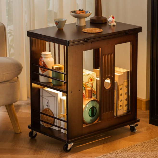 이동식 티 테이블 접이식 빈티지 원목 사이드 테이블 소파 사이드 보드, 호두색