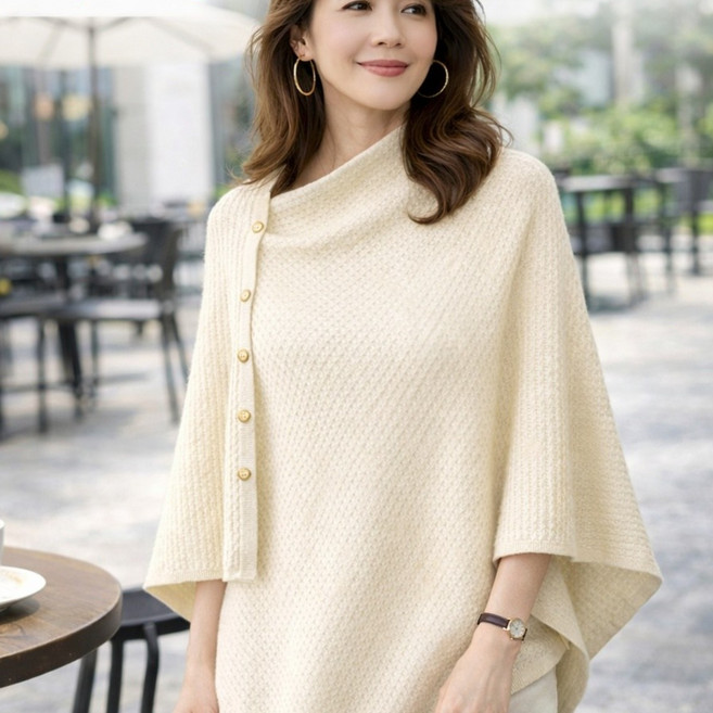 여성 니트 숄 판초 가디건 케이프 숄머플러 겨울 데일리룩 단추형 판초 망토 스카프 T4013