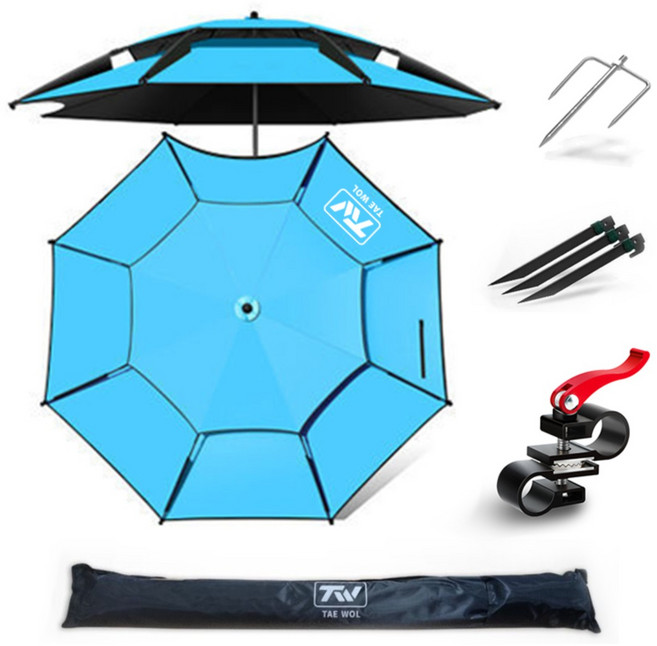 TAE WOL 특대형 이층 꺽임 낚시파라솔 각도조절 캠핑 낚시 테라스 파라솔 블루 2단 접식, 2.4m