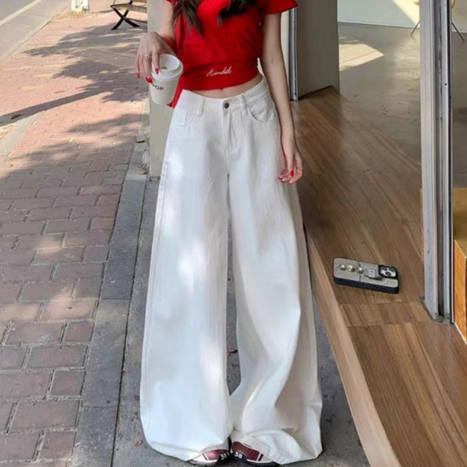 SAHINER 여성 하이웨스트 와이드 팬츠 화이트 루즈핏 봄 캐주얼 청바지 ANZ93