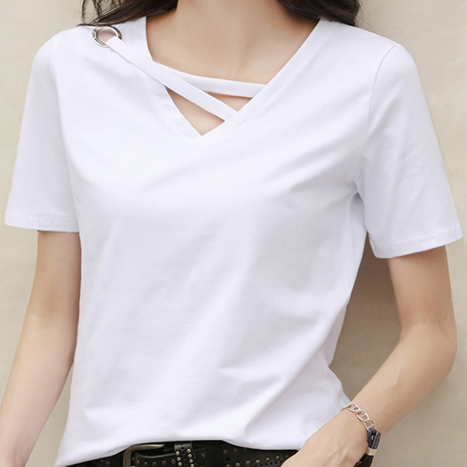 여름 브이넥 반팔 캐주얼 티 상의