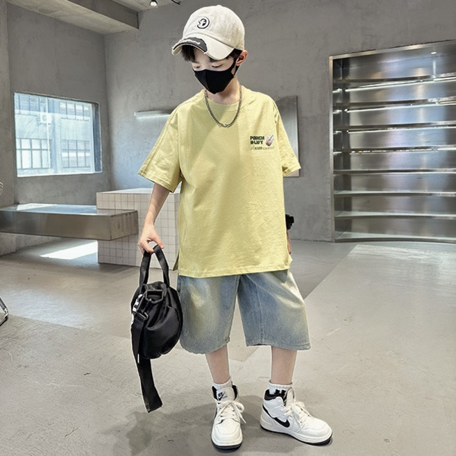 비비키드 남아 여름 초등생 커피 일러스트 프린팅 반팔티 데님 반바지 상의 초중생 하의 세트 주니어 상의+하의 세트 (86009)