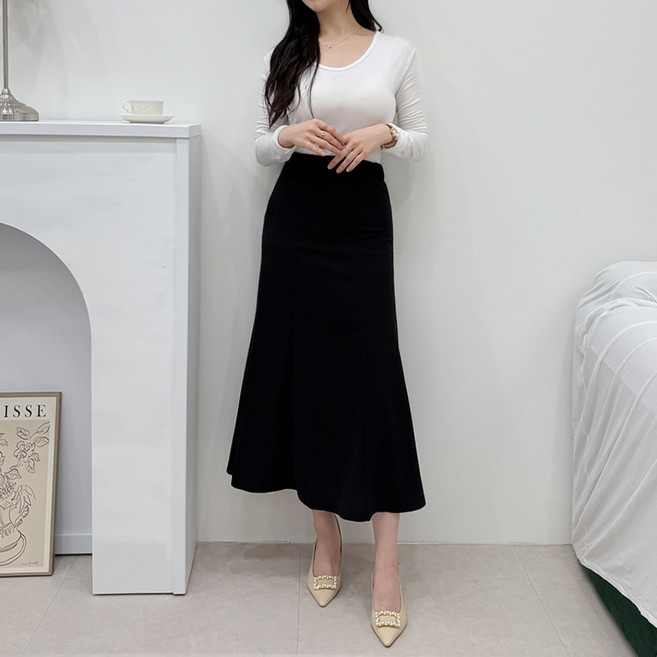 끌로이 여성 머메이드라인 스커트 여자롱치마 스판원단 허리밴딩 긴치마 롱스커트 여자 가을치마