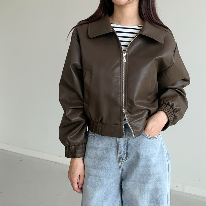 행복여 로니 카라 가죽 레더 집업 자켓