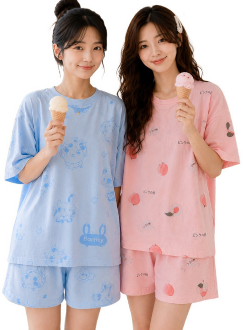 어나더뷰 1+1 여성 여름잠옷 잠옷세트 귀여운 반팔 반바지 홈웨어 상하세트 파자마