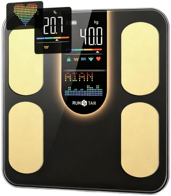 런스타 체중계 컬러 듀얼스크린 가정용 체중계 체지방측정 몸무게 체중계 스마트 블루투스 디지털 전자 체중계 체성분 분석 가능, 블랙, 1개, YS-SS-4V1