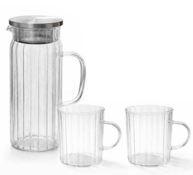 옵티머스 스텐 304 뚜껑 내열유리 물병 + 유리컵 2p 세트, 1세트, 1000ml, 투명