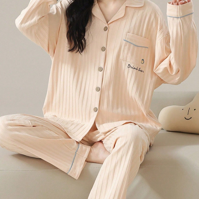 여성용 단색 라펠 카라 버튼 포켓 긴팔 긴바지 2피스 파자마 홈웨어 세트