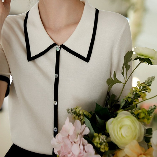 오늘코디 여성 카라 니트 반팔 배색 슬림핏 니트 티셔츠 데일리룩 S2010