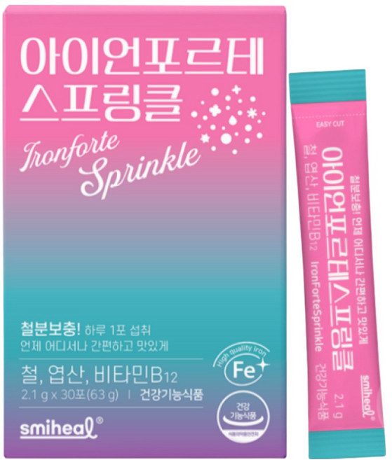 스마힐 철분 엽산 비타민B12 과일맛 아이언 포르테 스프링클 임산부 철분보충여성 청소년, 6개, 30회분