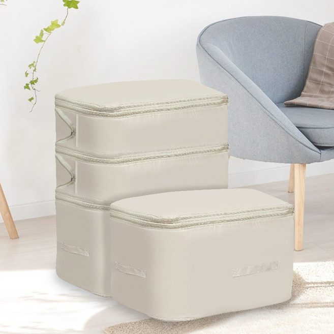 LUCETE 3단지퍼 이불 의류 캠핑 여행 압축 파우치 보관함 4개, 1세트, 내추럴베이지