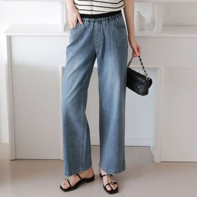 여성용 밴딩 청바지 일자 와이드 봄 여름 데님 일자핏 팬츠 하체커버 빅사이즈까지