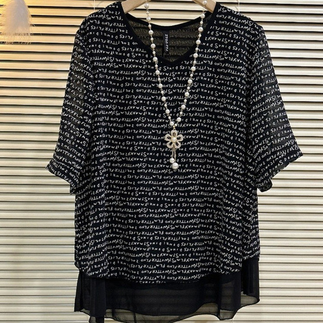 가미 여성 봄 여름 가을 뚱뚱 빅사이즈 플러스 사이즈 가짜 쉬폰 반팔 셔츠 블라우스