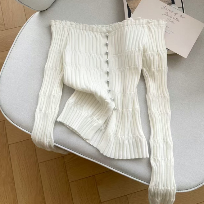 여성용 오프숄더 슬림 긴팔 니트