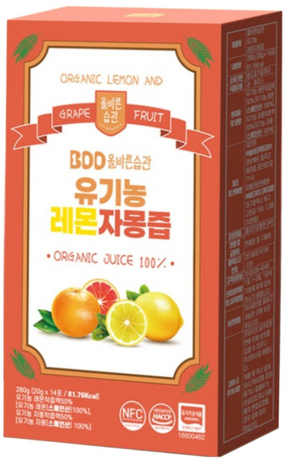 올바른습관 NFC 유기농 레몬즙 레몬자몽즙 착즙 HACCP인증 14포, 280g, 12박스