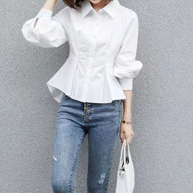 자칠 여성용 단색 캐주얼 카라 긴팔 블라우스 버튼다운 칼라 허리라인 셰이핑 플라운스 하밍 오피스룩 정장 셔츠