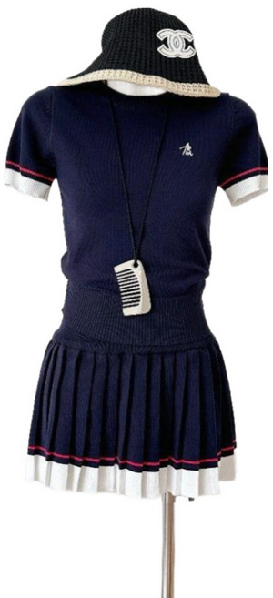 테니스 셋업 니트 반팔 셔츠 플리츠 미니 스커트 슬림핏 투피스 세트