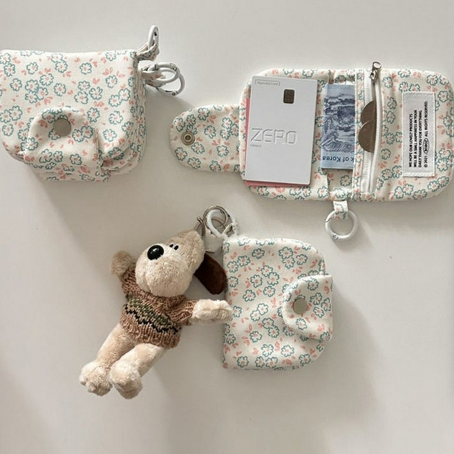 이지몰 플라워 패턴 키링 미니 동전 지갑 에어팟 립스틱 파우치