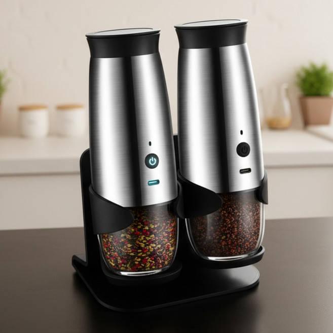 토스스파이크 후추그라인더 부식에 강한 304재질 스텐 전동그라인더 소금 후추 그라인더 양념통, 2개, 90ml