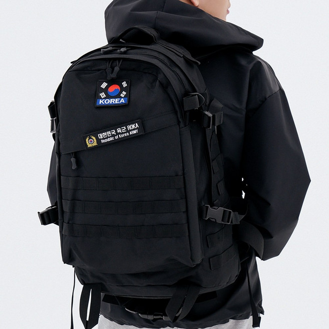 군인가방 45L 검정 + 흰색 태극기 약장 + R.O.K ARMY 패치 + 파우치 밀리터리 학생 출타 배낭 헬스 여행
