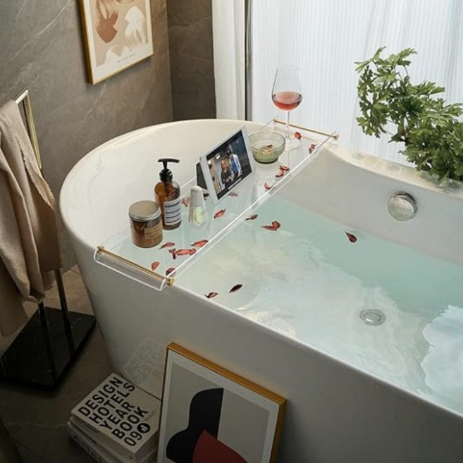 고급 욕조 트레이 거치대 덮개 반신욕 욕조 테이블 덮개 아크릴 욕실 인테리어, 물결, 1개, 투명